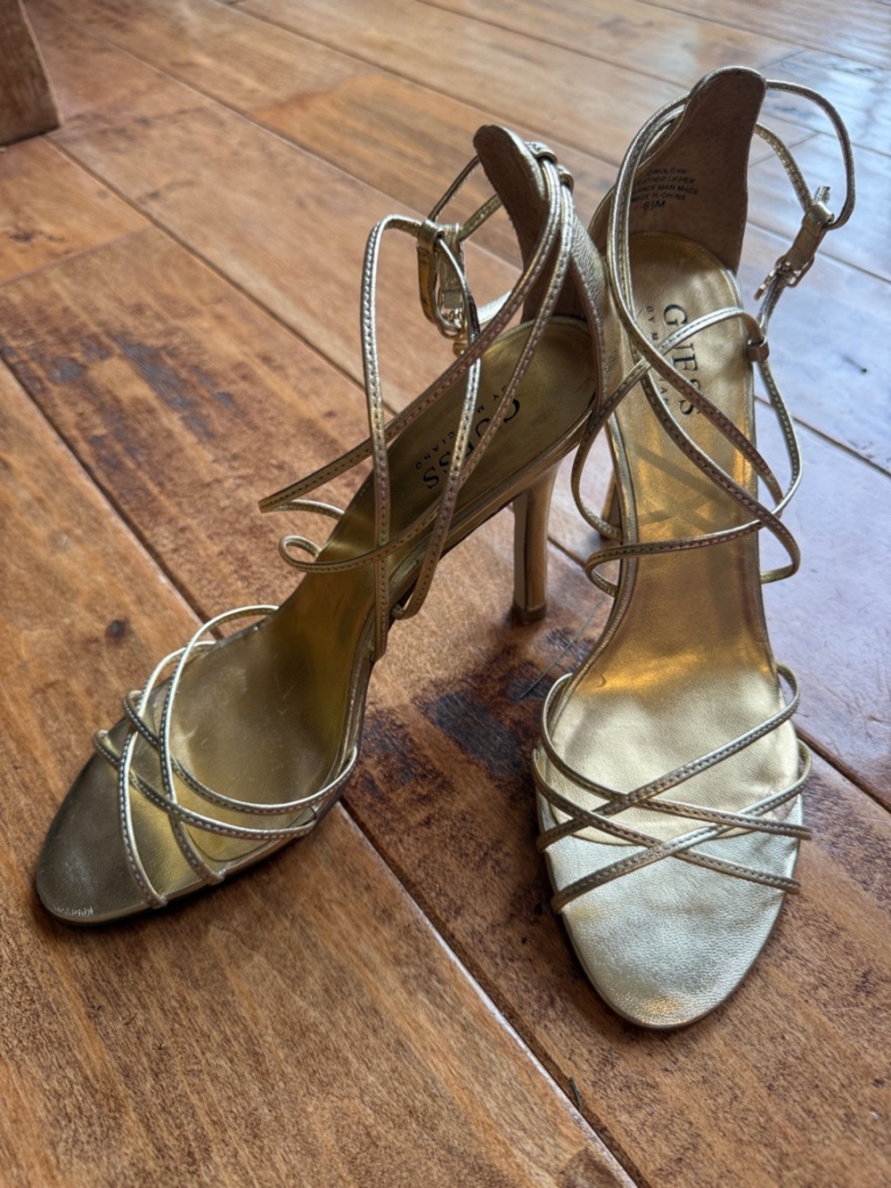 GUESS Metallic Gold Strappy Stiletto Sandals.